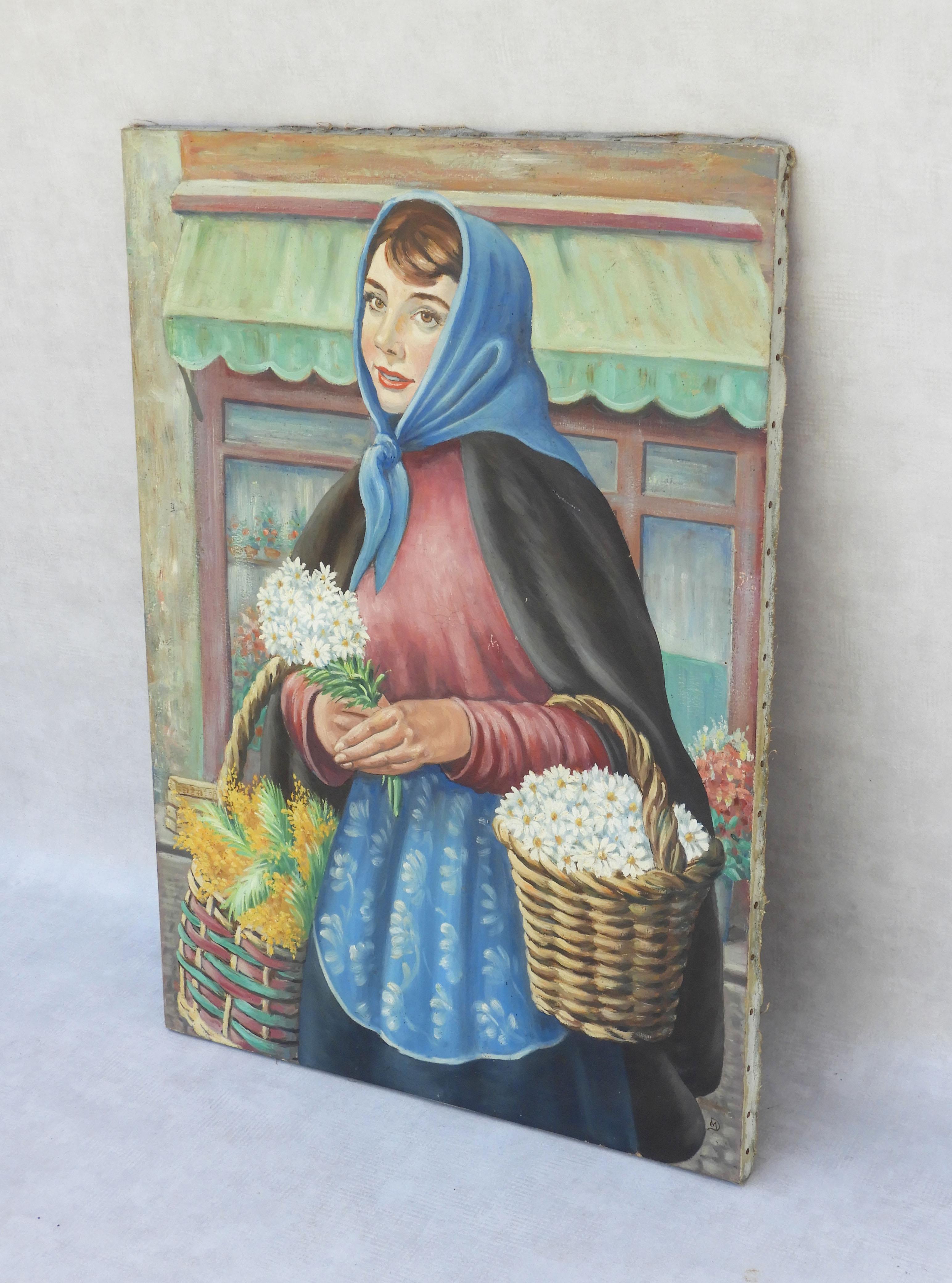 French 20th Century Folk Art Painting Portrait of a Young Woman FREE SHIPPING 1