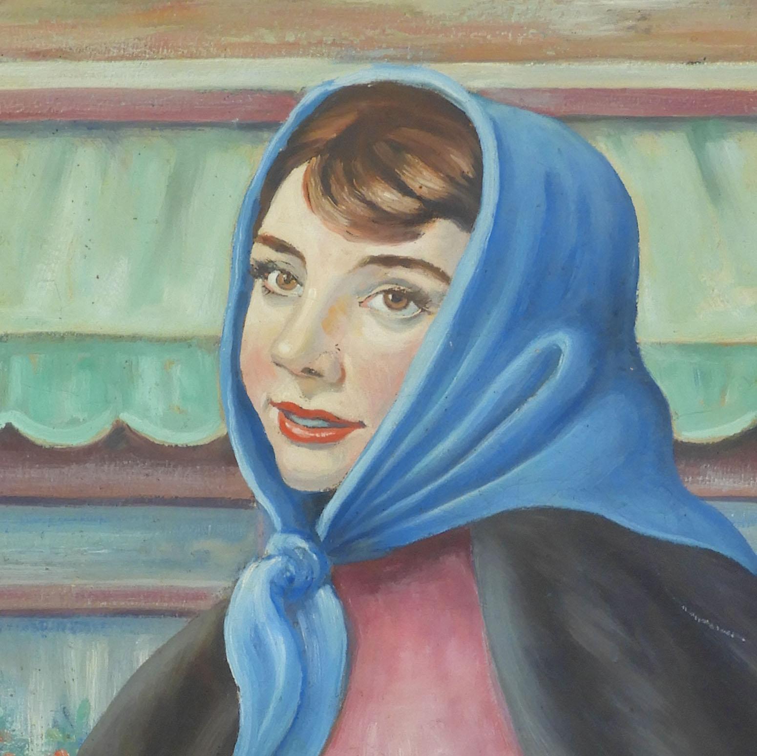 French 20th Century Folk Art Painting Portrait of a Young Woman FREE SHIPPING 2