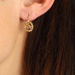 French 20th Century Garnet 18 Karat Yellow Gold Lever- Back Earrings