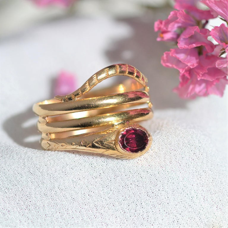 French 20th Century Garnet 18 Karat Yellow Gold Snake Ring For Sale at ...