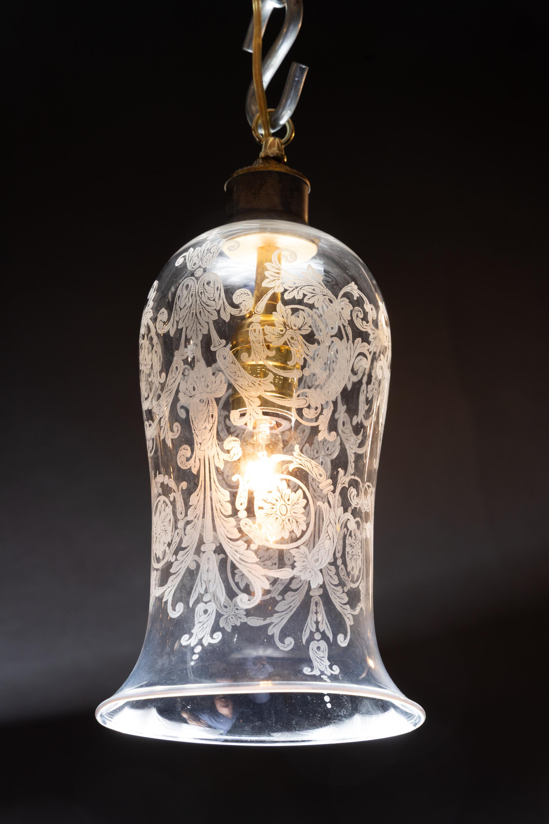 Gorgeous French 20th Century glass Bell shaped hanging globe decorated with fine etching and scalloped bottom.


