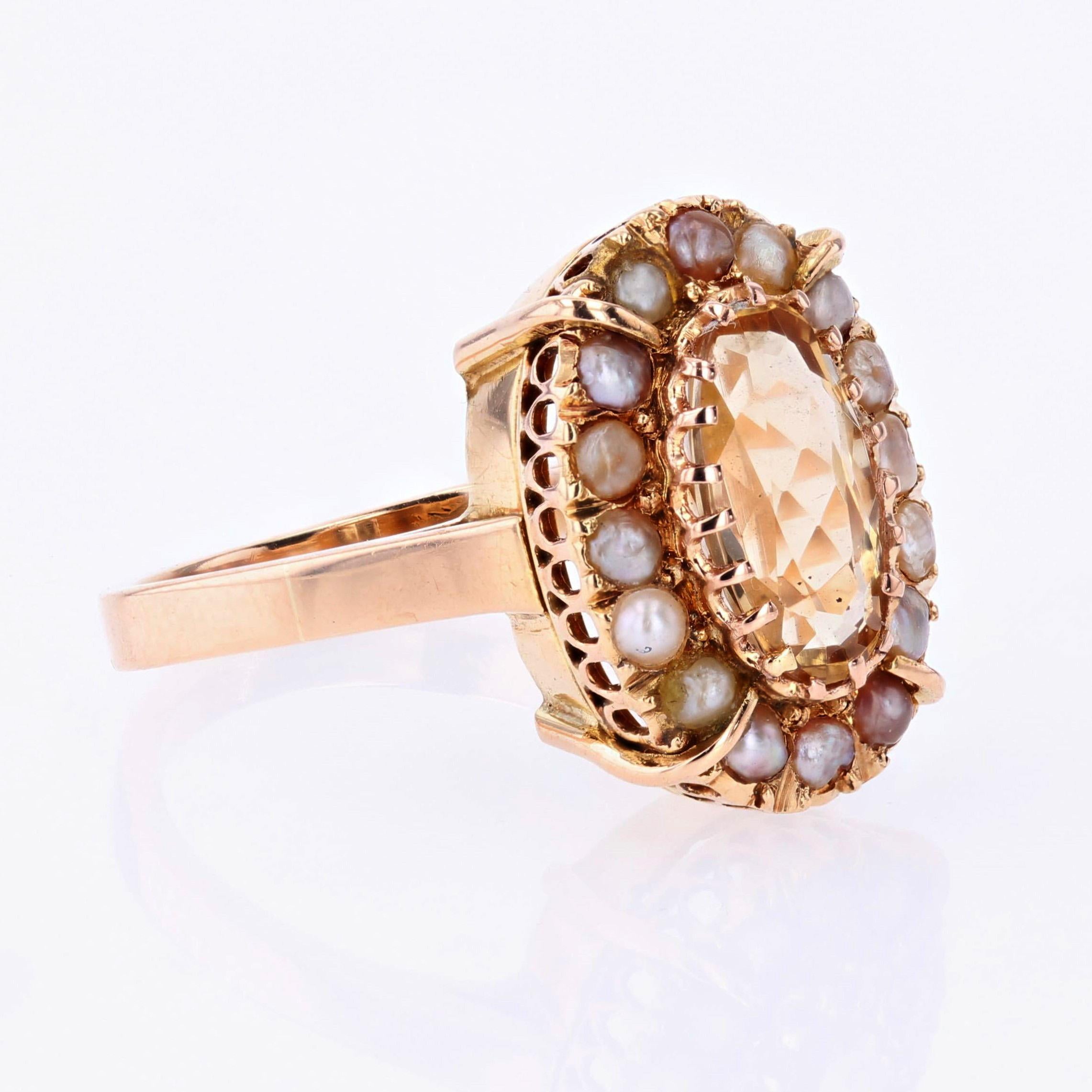 French 20th Century Imperial Topaz Fine Pearls 18 Karat Rose Gold Marquise Ring For Sale 4