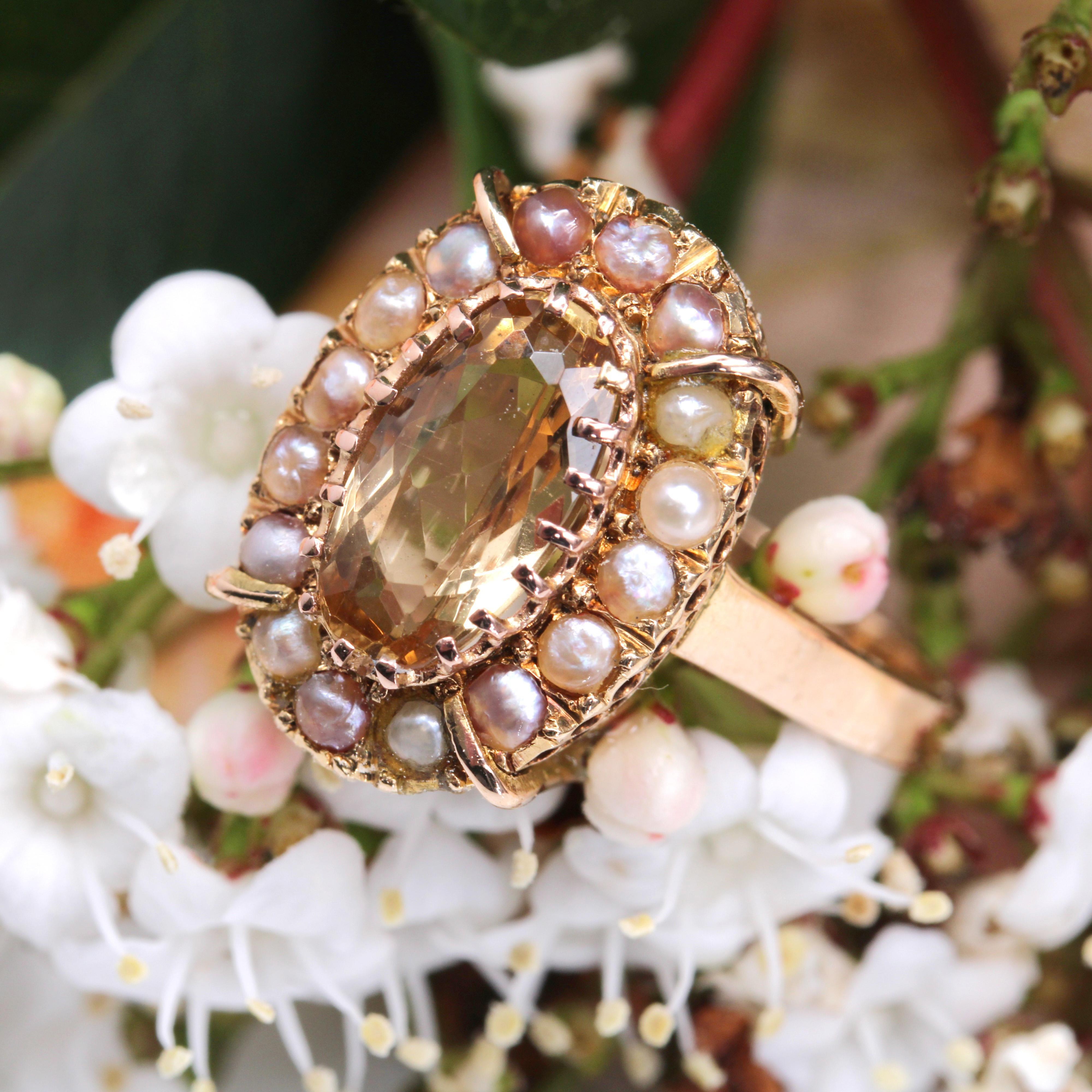 French 20th Century Imperial Topaz Fine Pearls 18 Karat Rose Gold Marquise Ring For Sale 6