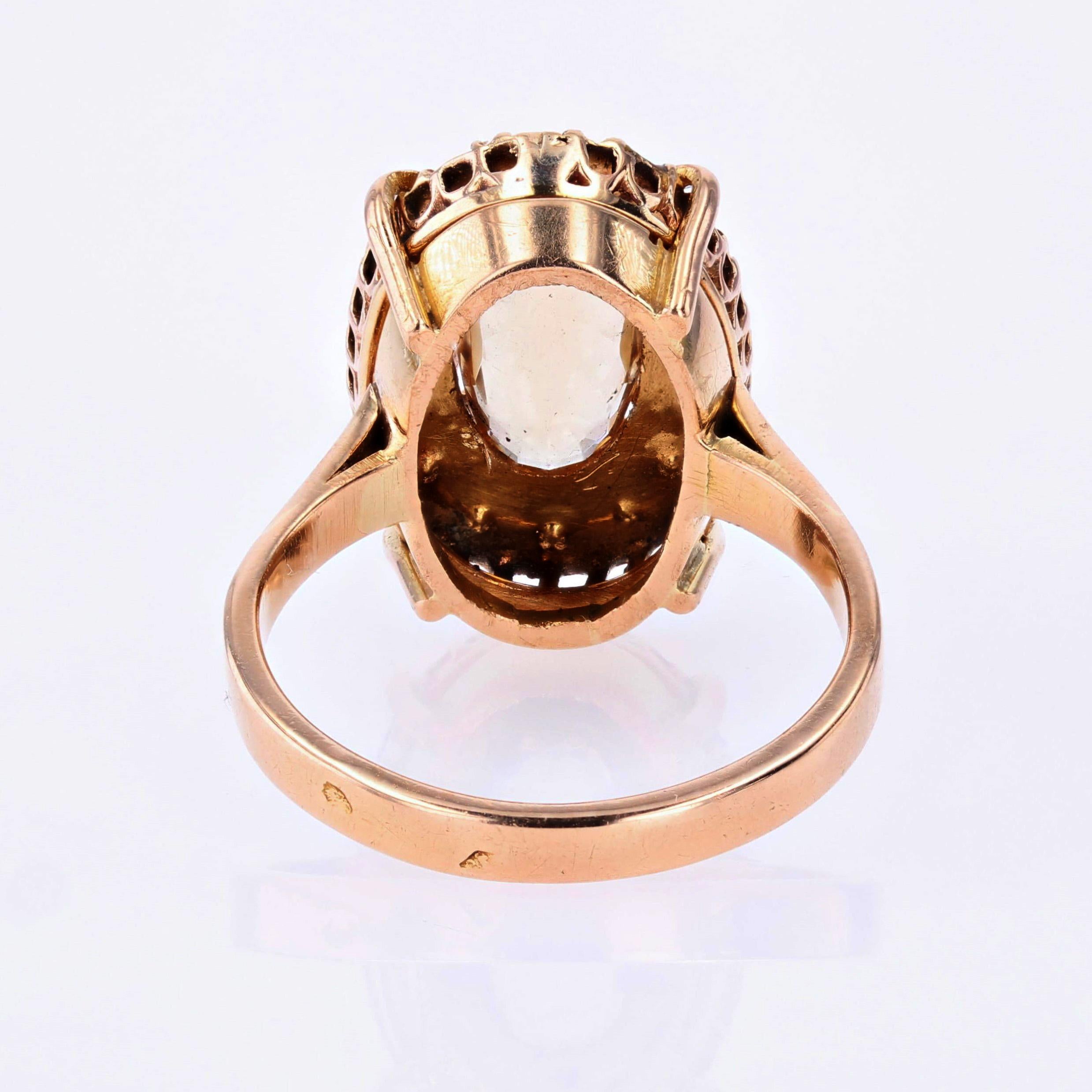 French 20th Century Imperial Topaz Fine Pearls 18 Karat Rose Gold Marquise Ring For Sale 8