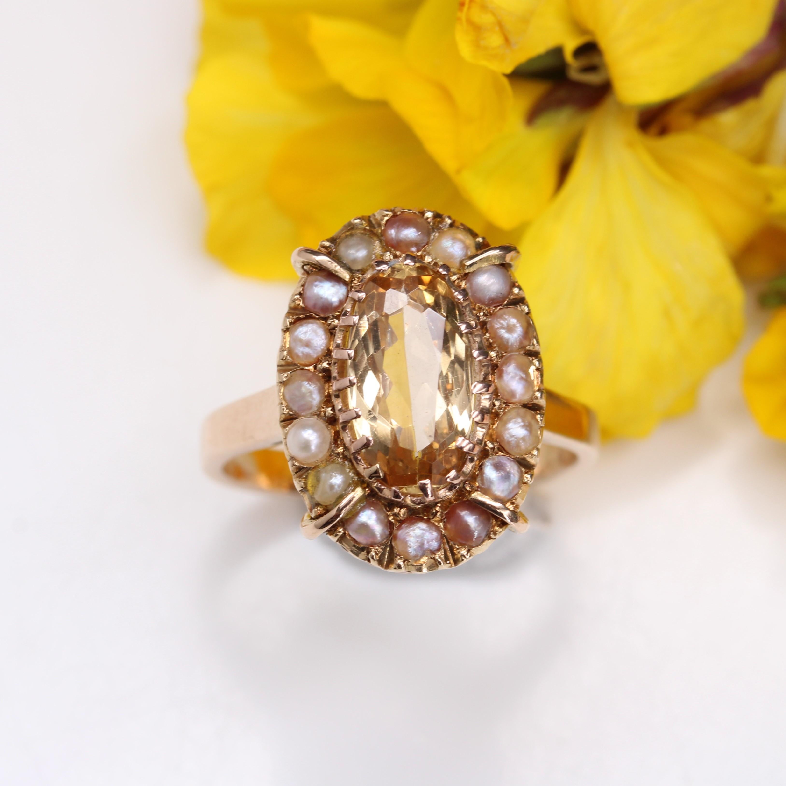 Belle Époque French 20th Century Imperial Topaz Fine Pearls 18 Karat Rose Gold Marquise Ring For Sale