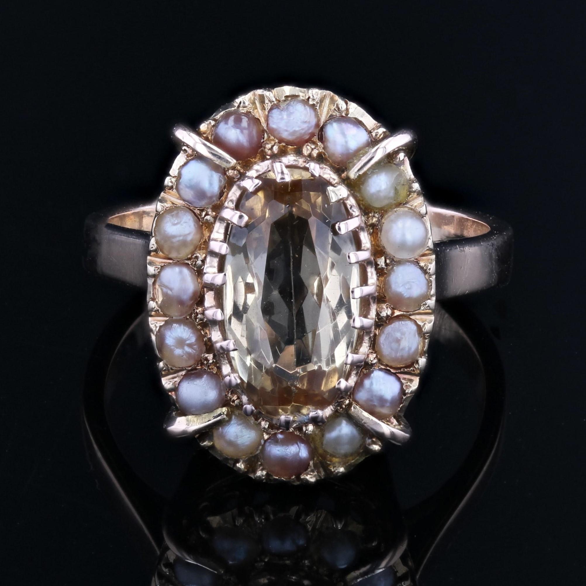 French 20th Century Imperial Topaz Fine Pearls 18 Karat Rose Gold Marquise Ring In Good Condition For Sale In Poitiers, FR