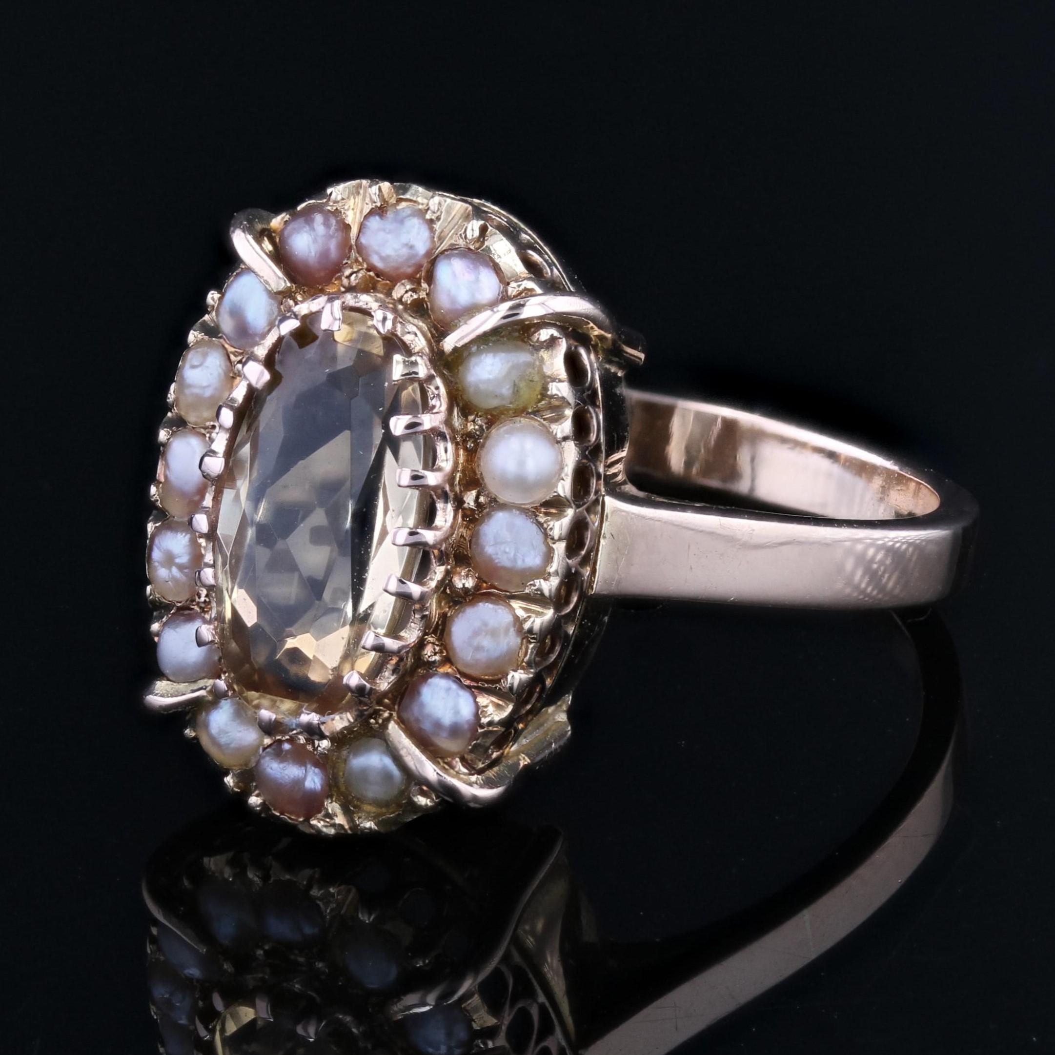 French 20th Century Imperial Topaz Fine Pearls 18 Karat Rose Gold Marquise Ring For Sale 1