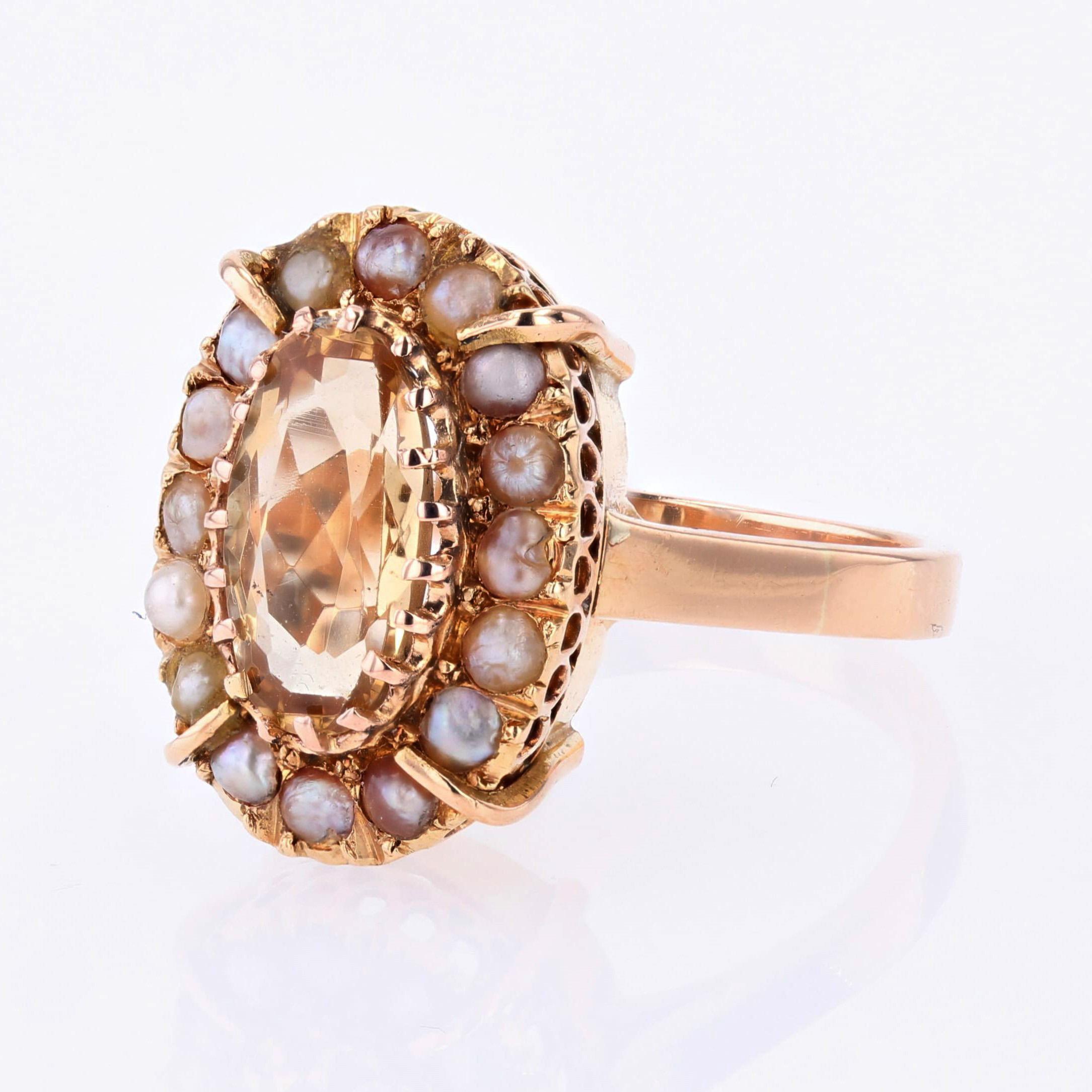 French 20th Century Imperial Topaz Fine Pearls 18 Karat Rose Gold Marquise Ring For Sale 2