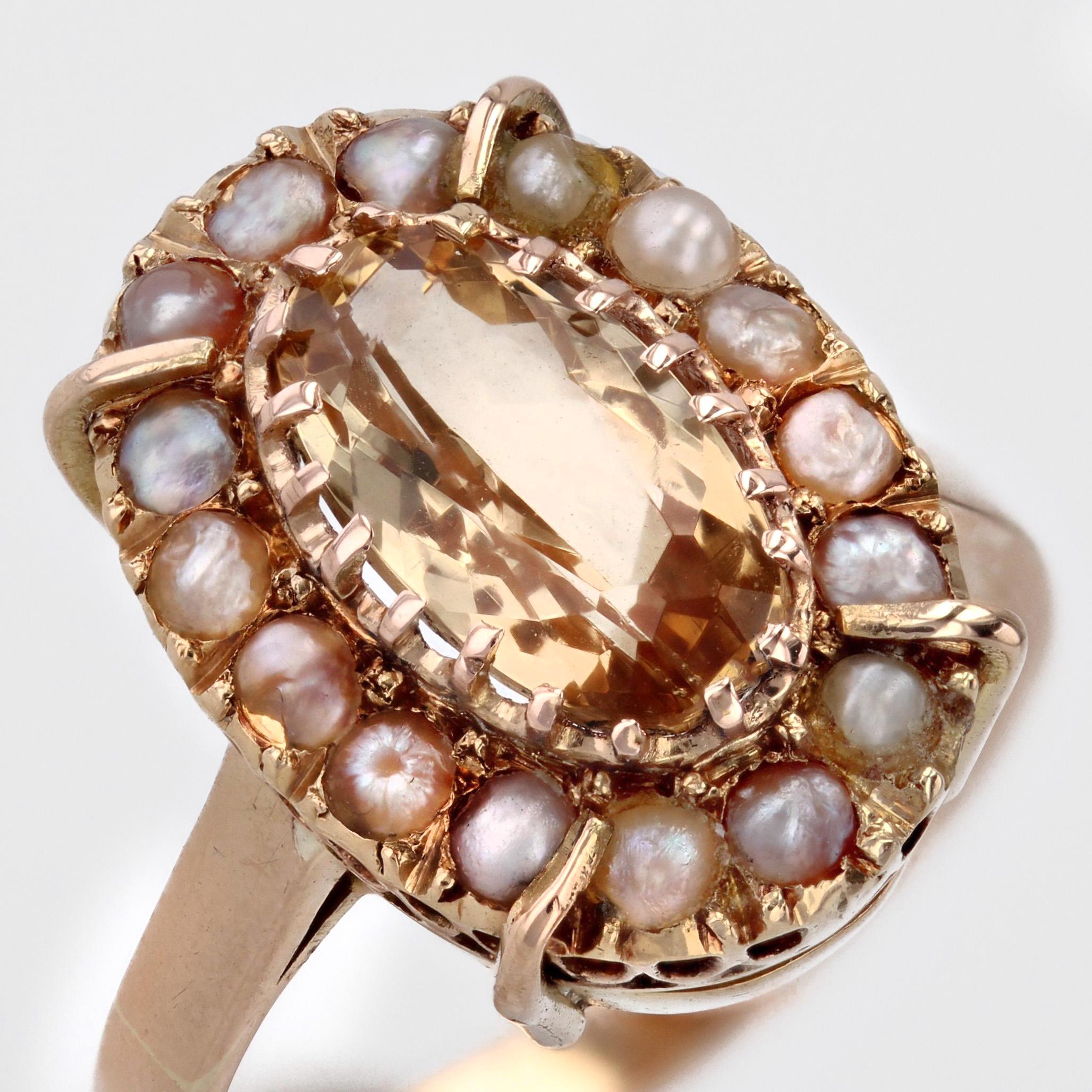 French 20th Century Imperial Topaz Fine Pearls 18 Karat Rose Gold Marquise Ring For Sale 3