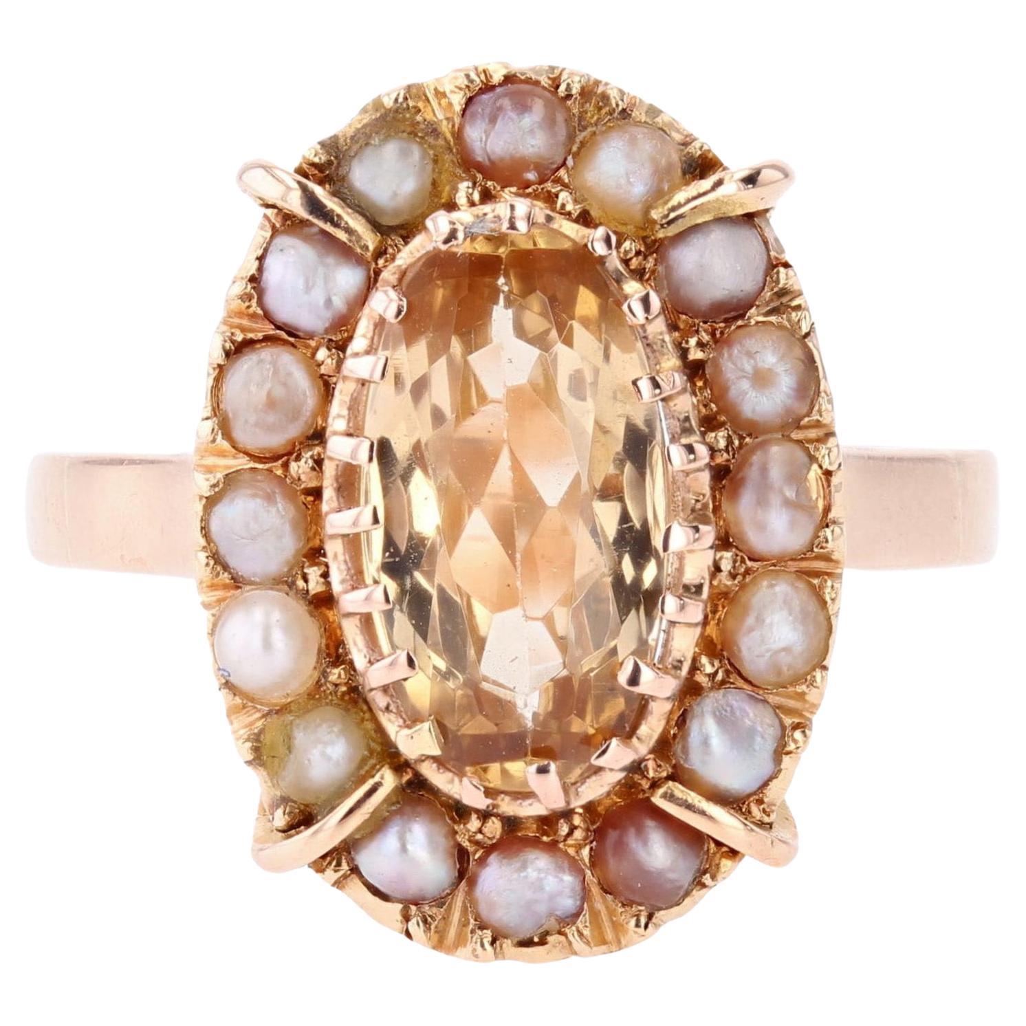 Französischer Marquise-Ring aus 18 Karat Roségold mit kaiserlichem Topas und feinen Perlen aus dem 20. Jahrhundert