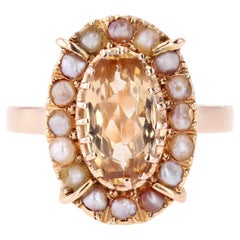 Französischer Marquise-Ring aus 18 Karat Roségold mit kaiserlichem Topas und feinen Perlen aus dem 20. Jahrhundert