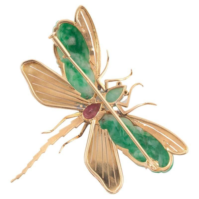 Oval Cut French 20th Century Jade and Pink Topaz Dragonfly Brooch