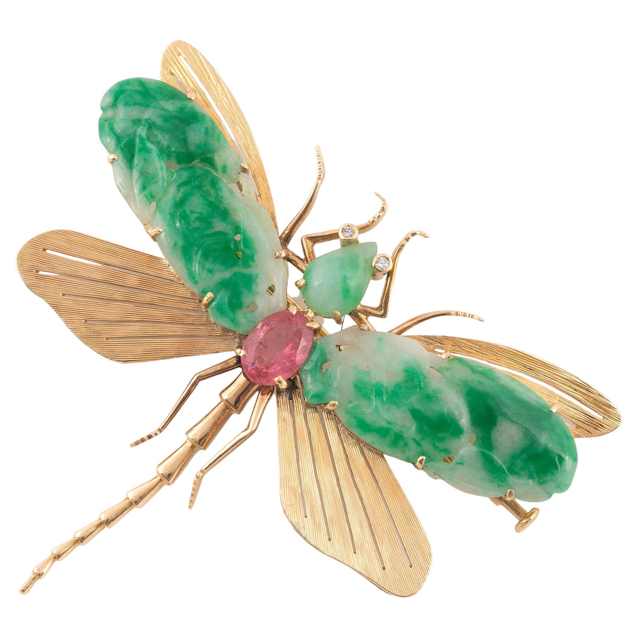 Art Nouveau French 20th Century Jade and Pink Topaz Dragonfly Brooch