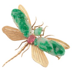French 20th Century Jade and Pink Topaz Dragonfly Brooch