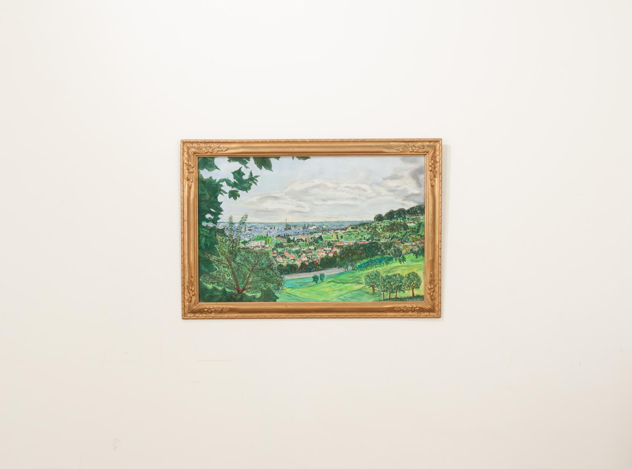 Un dipinto paesaggistico di grandi dimensioni e di grande vitalità proveniente dalla Francia. Firmato in basso a destra dall'artista. Protetto da un antico vetro laminato in una cornice dorata intagliata. Fissato con un filo e pronto per essere
