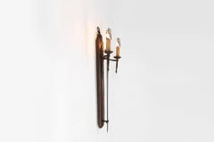 French 20th Century Large Wrought‑Iron Medieval Revival Wall Lamp with Sword