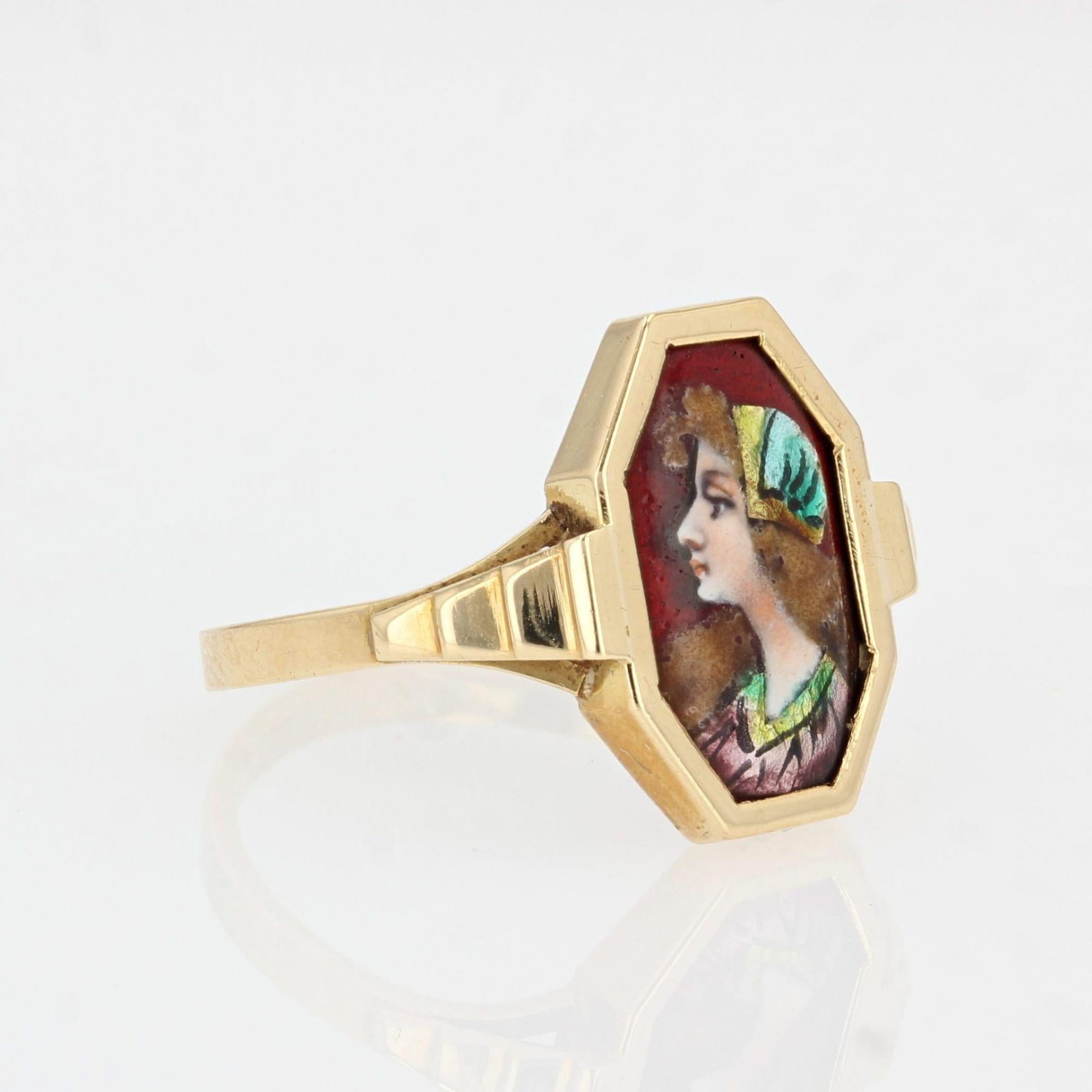 Women's French 20th Century Limoges Enamel 18 Karat Yellow Gold Ring For Sale