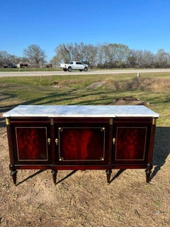 French 20th Century Louis XVI Flame Mahogany Marble Top Three Door Buffet