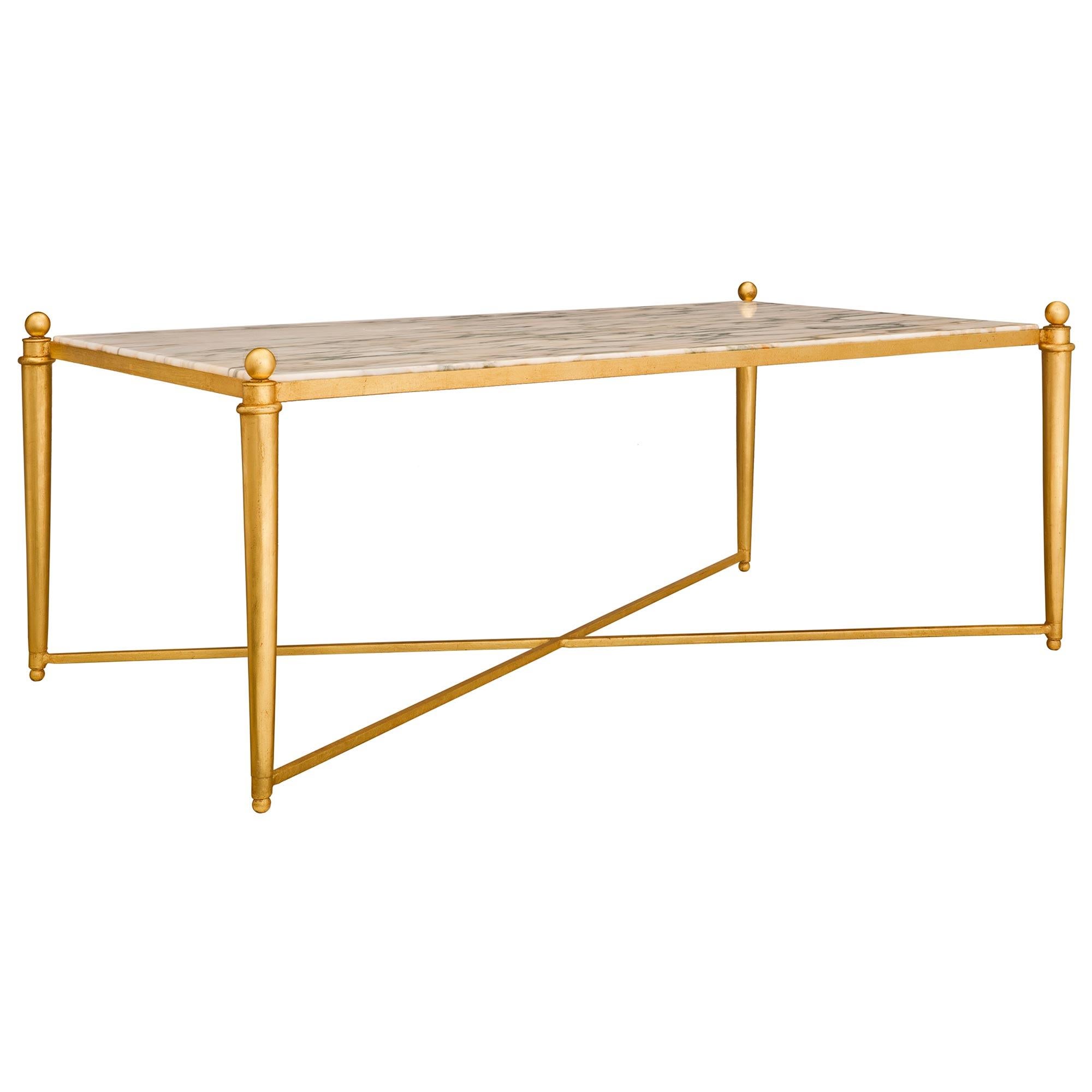 French 20th Century Louis XVI St. Gilt Metal and Arabescato Marble Coffee Table In Good Condition For Sale In West Palm Beach, FL