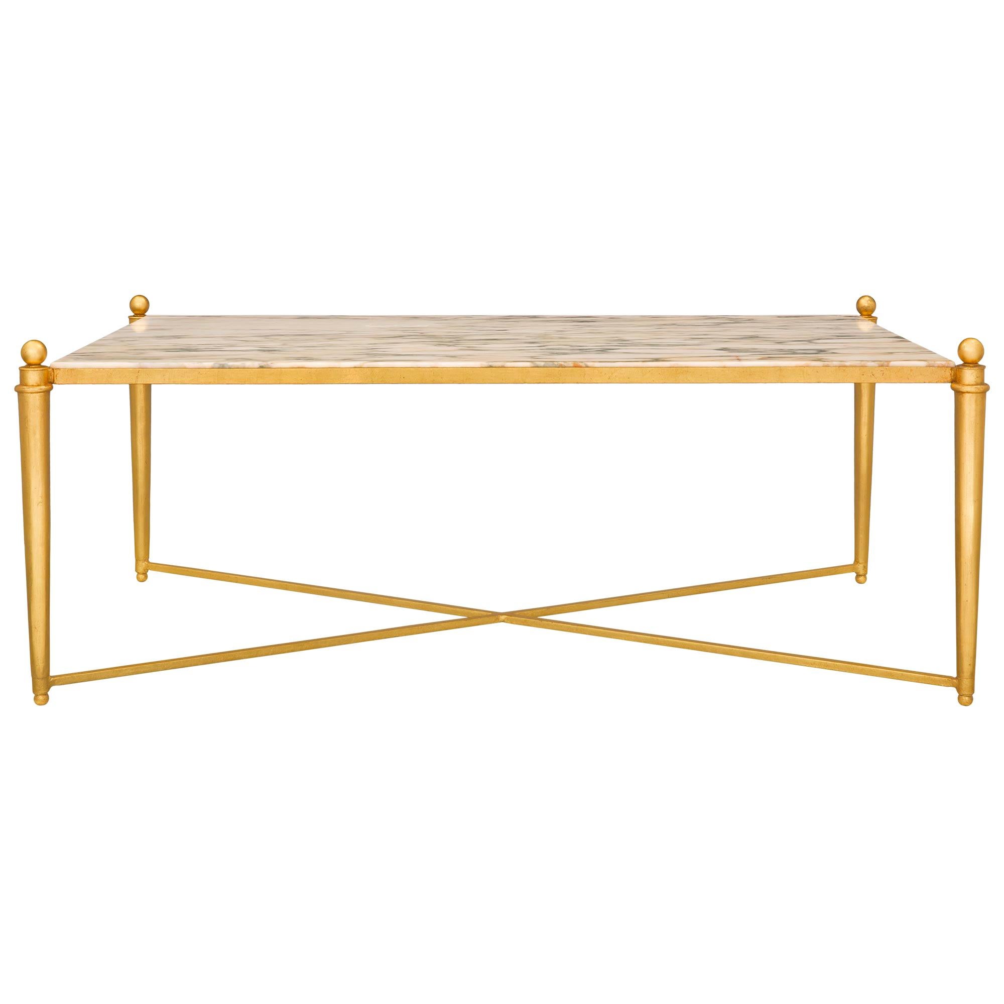 French 20th Century Louis XVI St. Gilt Metal and Arabescato Marble Coffee Table For Sale