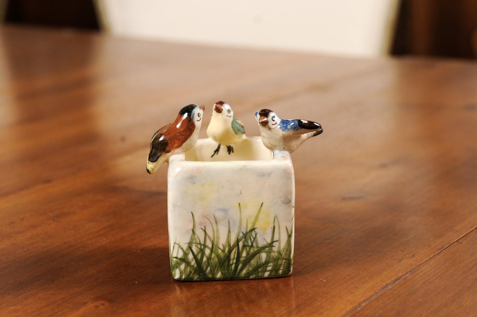 Glazed French 20th Century Majolica Decorative Container with Three Little Birds For Sale