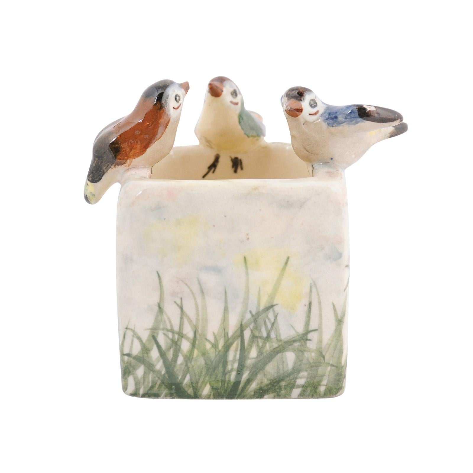 French 20th Century Majolica Decorative Container with Three Little Birds