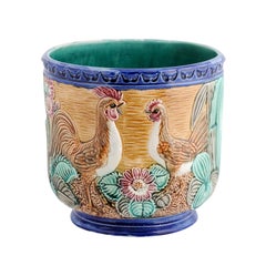 French 20th Century Majolica Planter with Rooster and Hen Motifs
