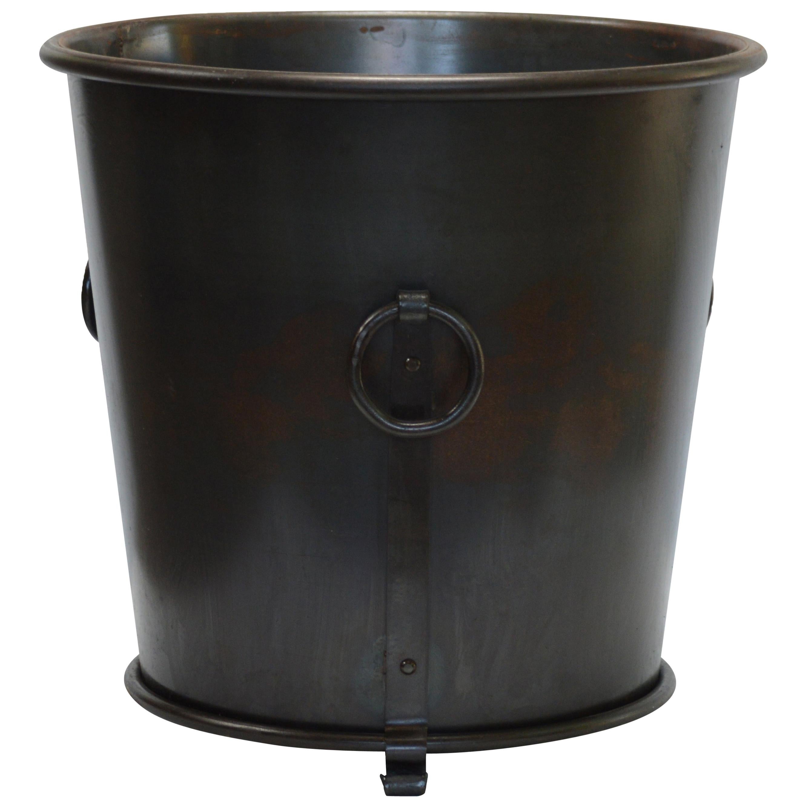French 20th Century Modern Round Oil Rubbed Iron Planter with Handles For Sale