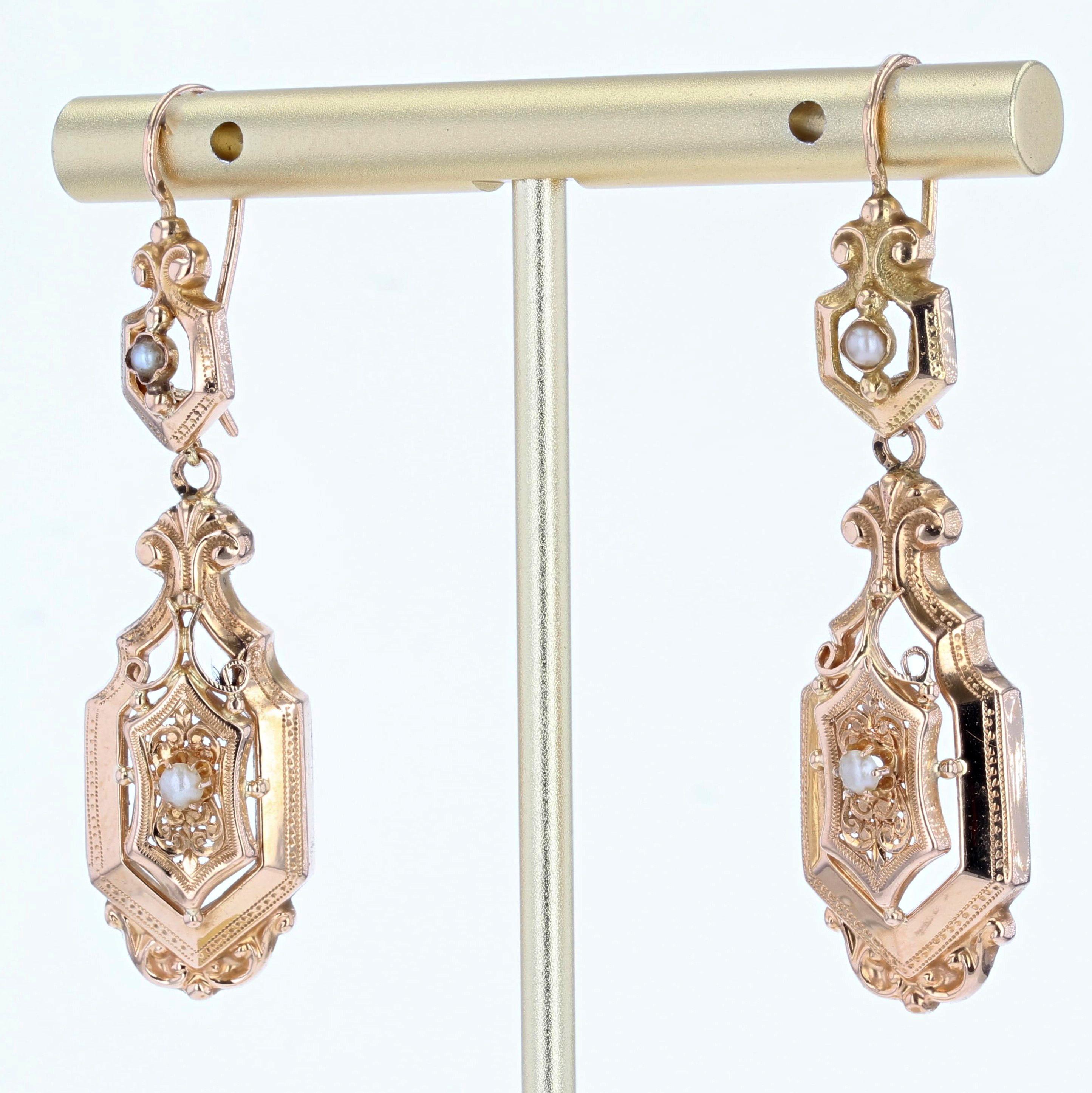 French 20th Century Natural Pearl 18 Karat Rose Gold Dangle Earrings In Good Condition In Poitiers, FR