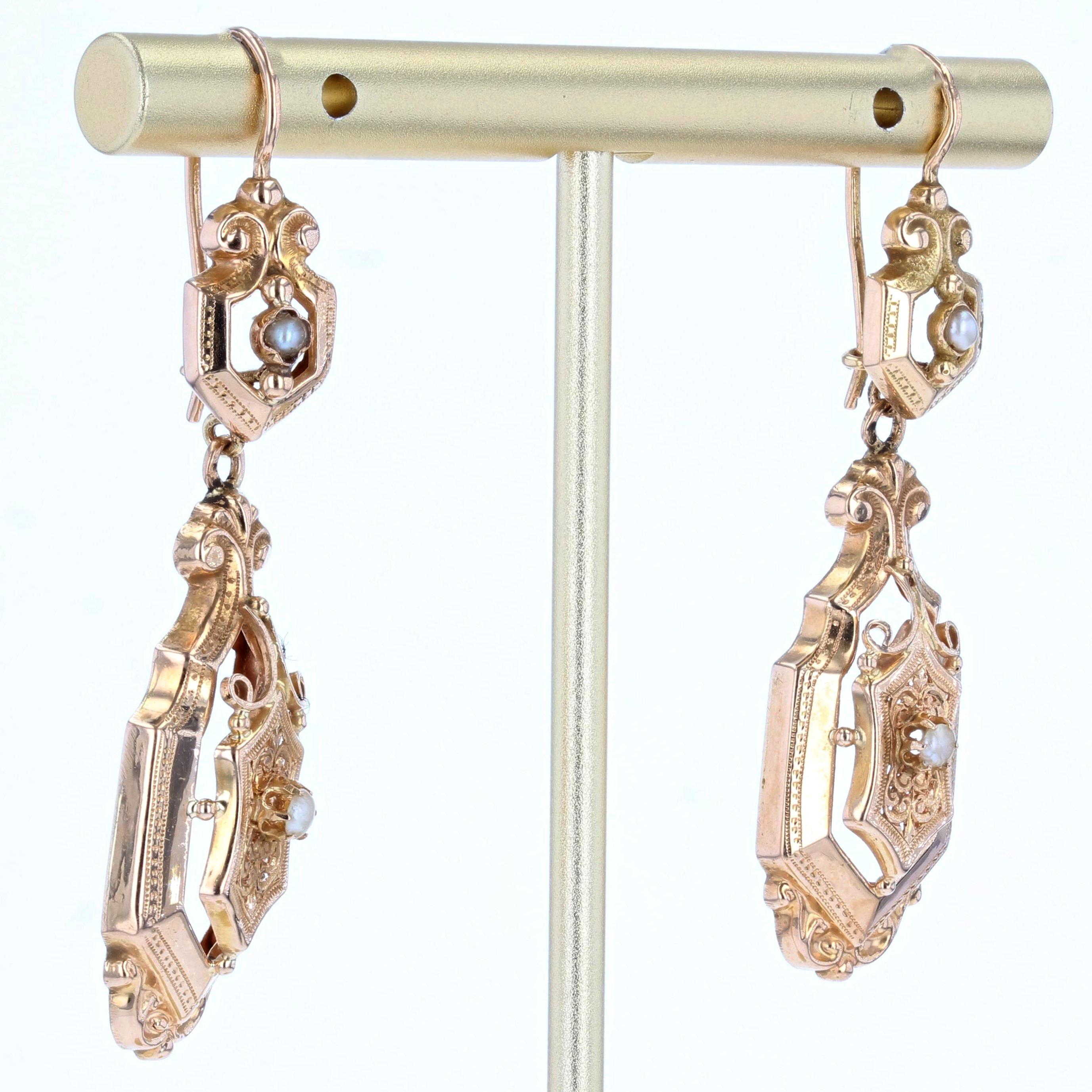 Women's French 20th Century Natural Pearl 18 Karat Rose Gold Dangle Earrings