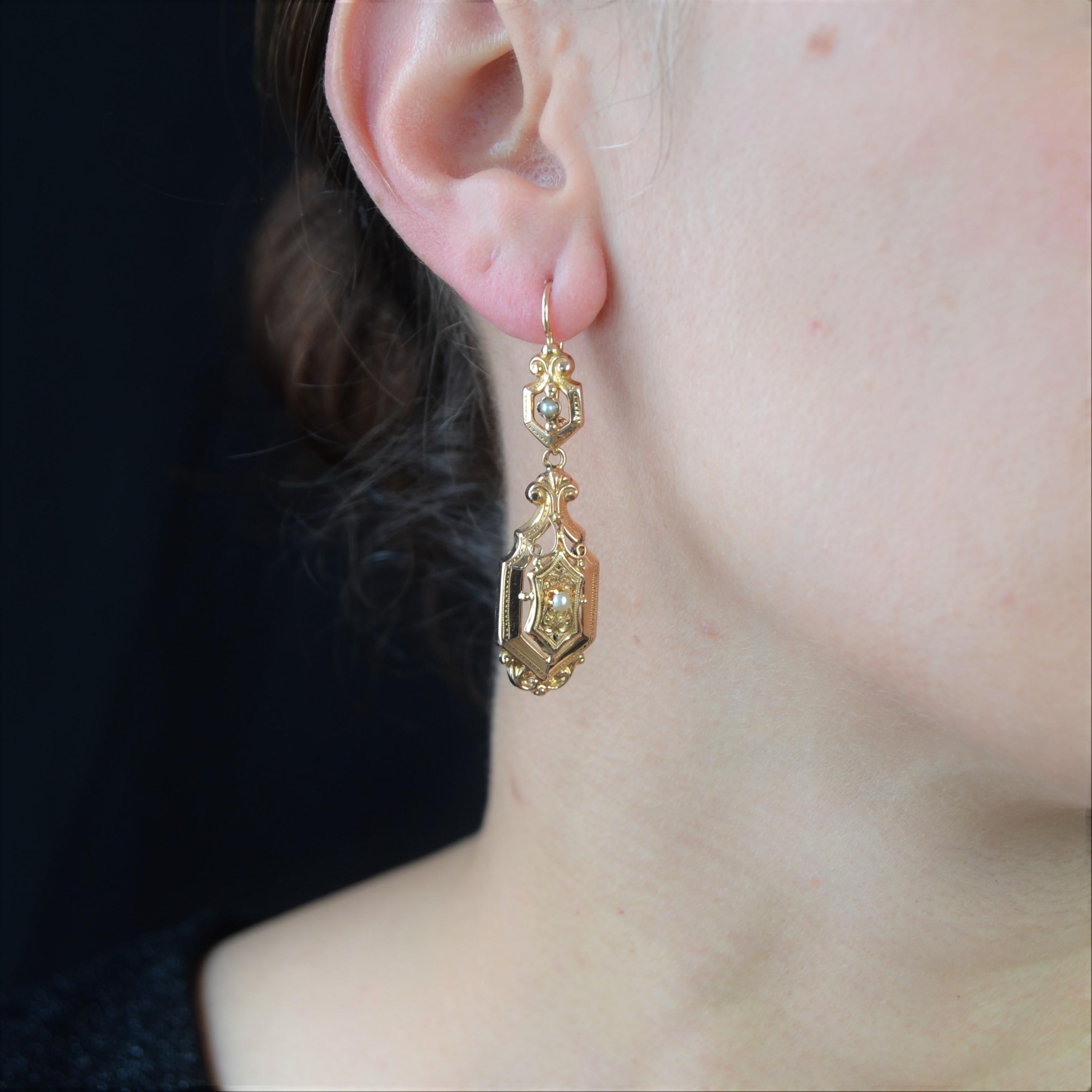 French 20th Century Natural Pearl 18 Karat Rose Gold Dangle Earrings 1