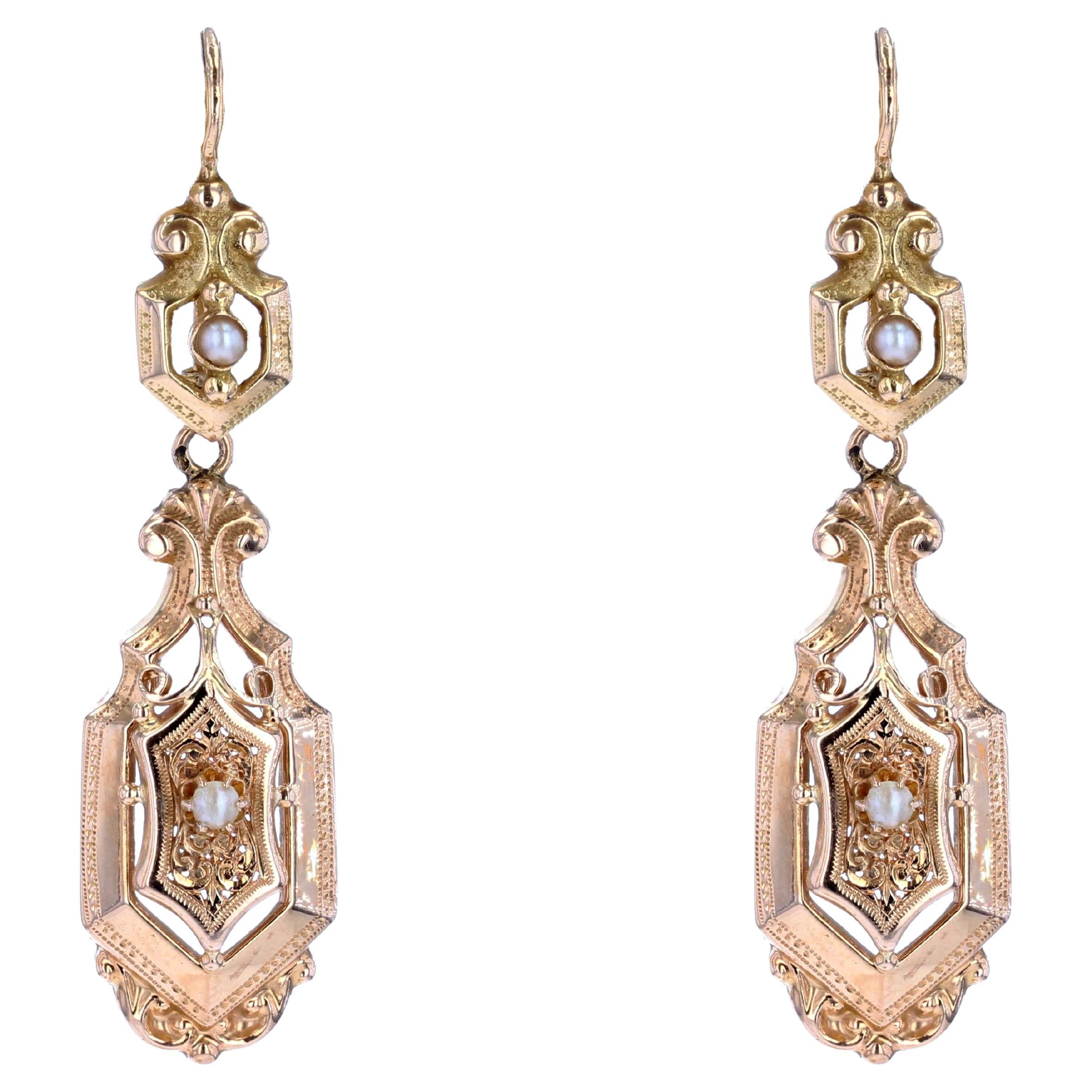French 20th Century Natural Pearl 18 Karat Rose Gold Dangle Earrings