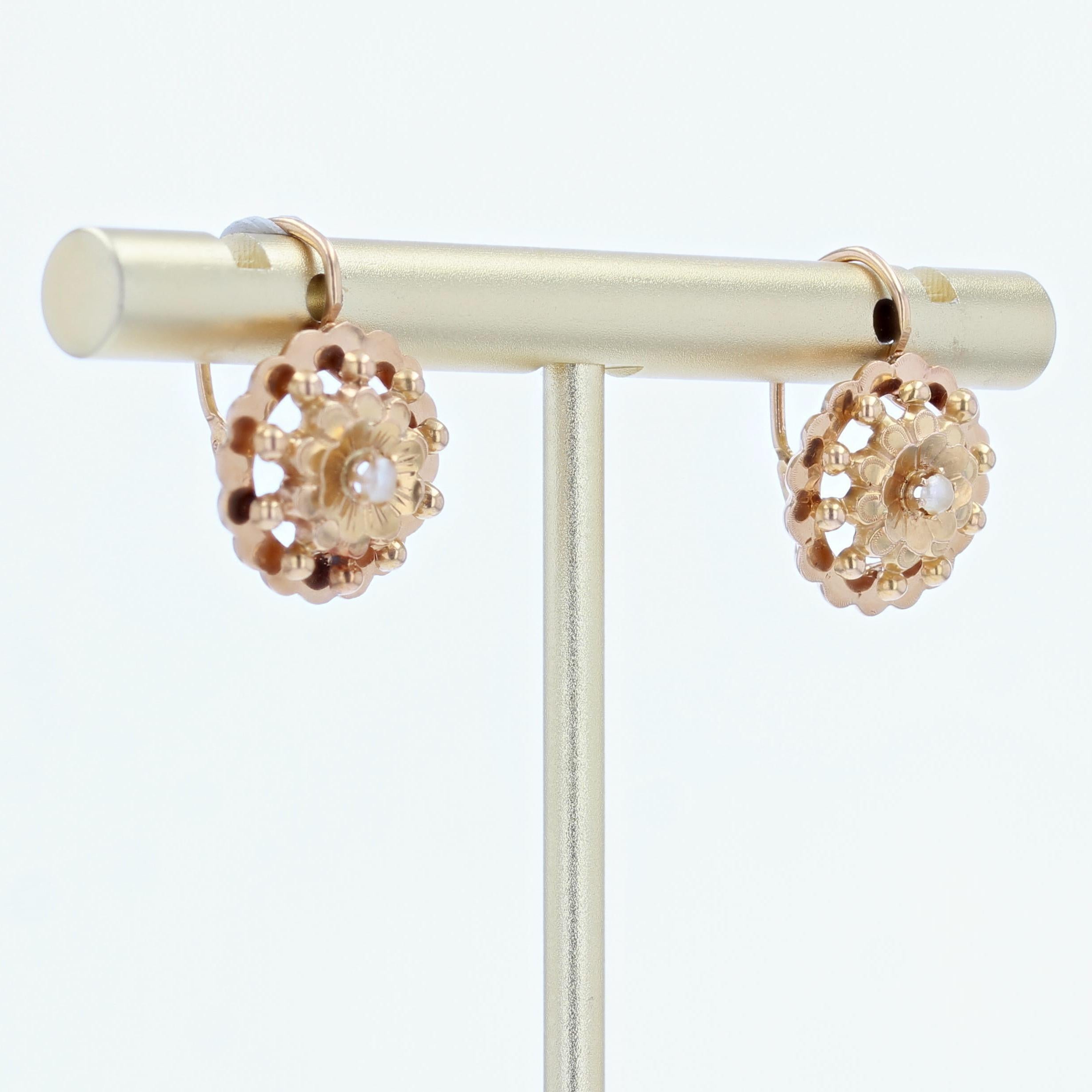 French 20th Century Natural Pearl 18 Karat Rose Gold Lever- Back Earrings For Sale 1