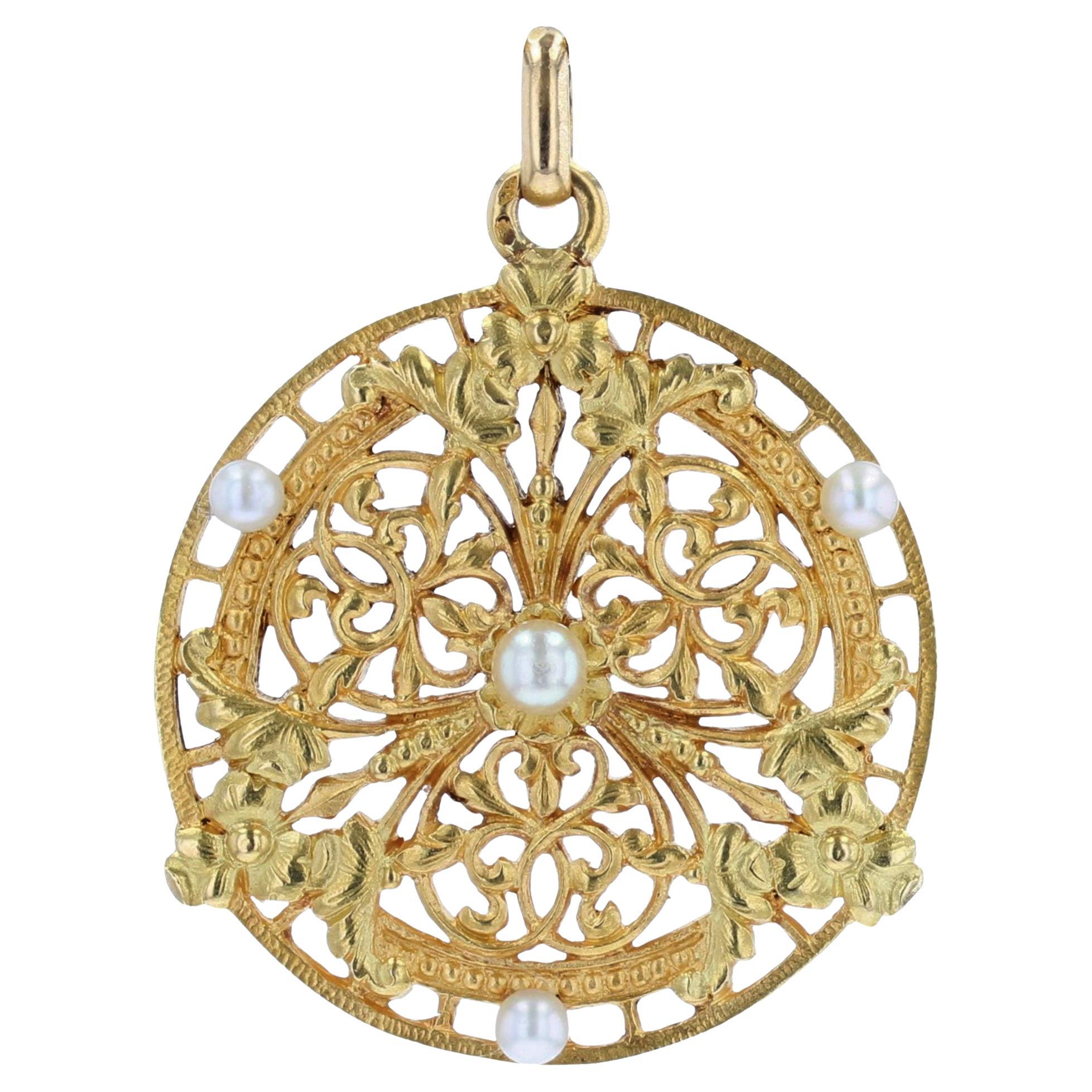 Colgante de oro amarillo de 18 quilates con perla natural francesa del siglo XX
