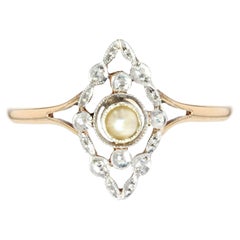 French 20th Century Natural Pearl 18 Karat Yellow White Gold Marquise Ring