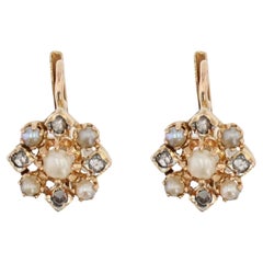 French 20th Century Natural Pearl Diamonds 18 Karat Gold Lever- Back Earrings