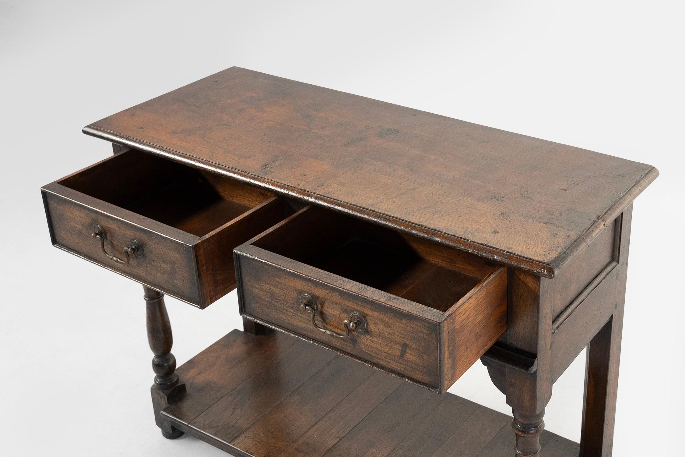 French 20th century oak side table with 2 drawers, ca. 1960 1