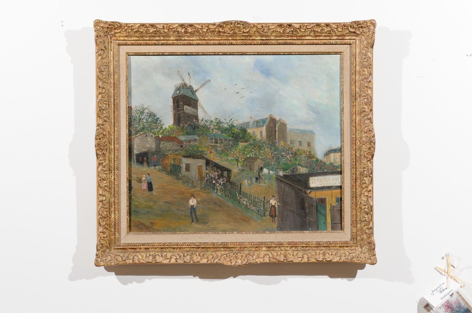 A French oil on board painting from the 20th century, depicting the Moulin de la Galette. Created in France during the 20th century, this oil on board painting captures our attention with its depiction of the famous Moulin de la Galette, the
