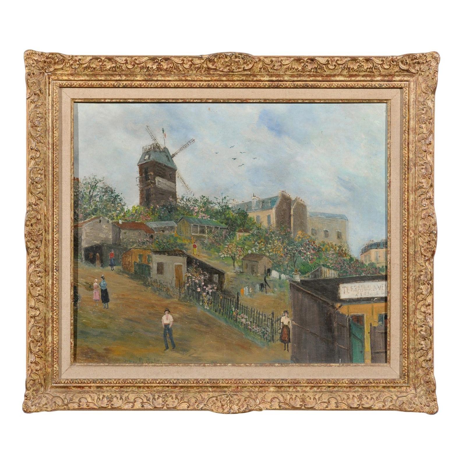 French 20th Century Oil on Board Painting Depicting the Moulin de la Galette