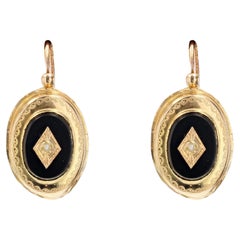 French 20th Century Onyx Natural Pearl 18 Karat Yellow Gold Lever, Back Earrings
