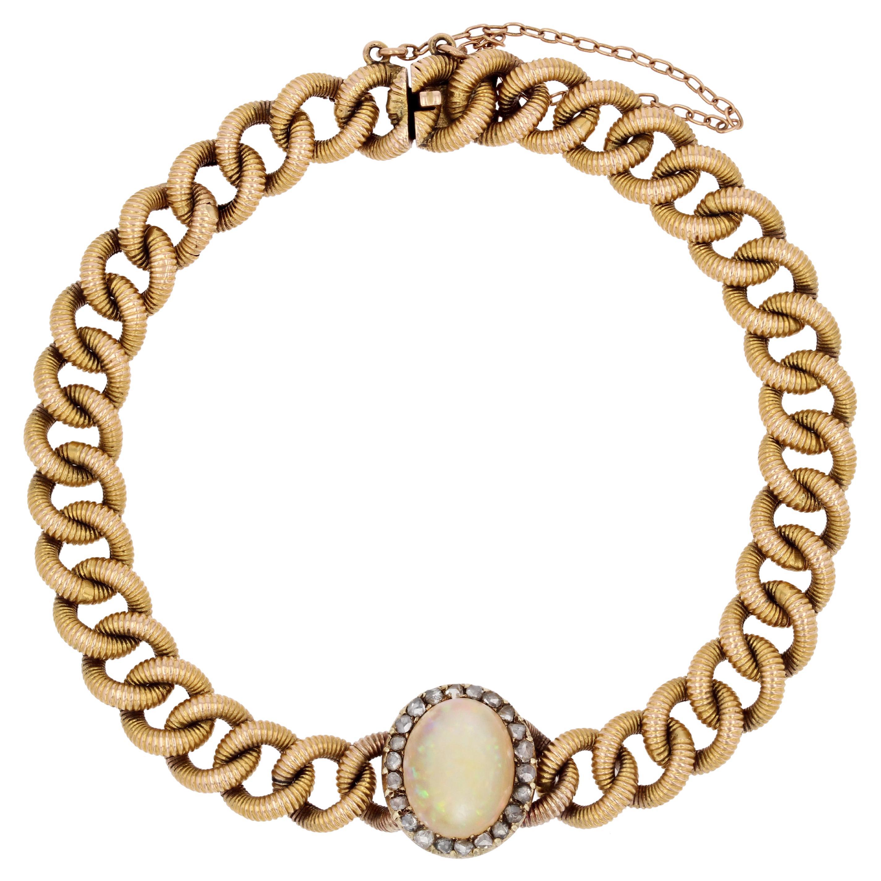 French 20th Century Opal Diamond 18 Karat yellow Gold Antique Curb Bracelet