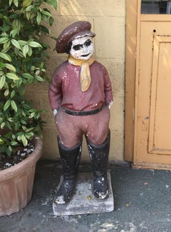 French 20th Century Painted Folk Art Sculpture Boy in Heavy Cement