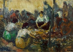 Vintage 20th Century French Post-Impressionist Signed Oil Crowded Market Figures