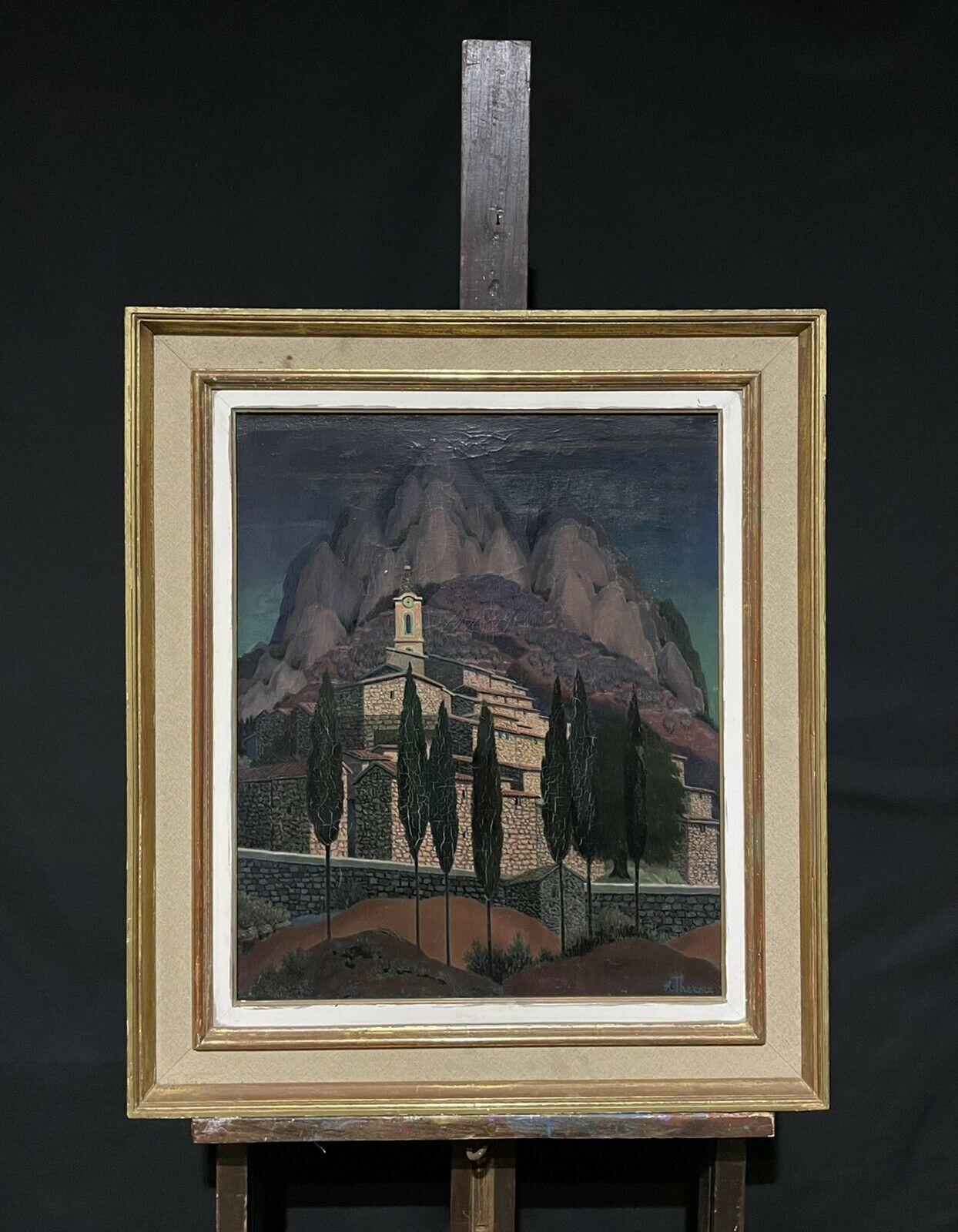 Saint-Agnes Provence Hill Top Perched Village Signed French Modernist Oil - Painting by French 20th Century