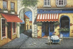 Großes französisches Ölgemälde „The Old French Cafe in Village“ auf Leinwand, gerahmt