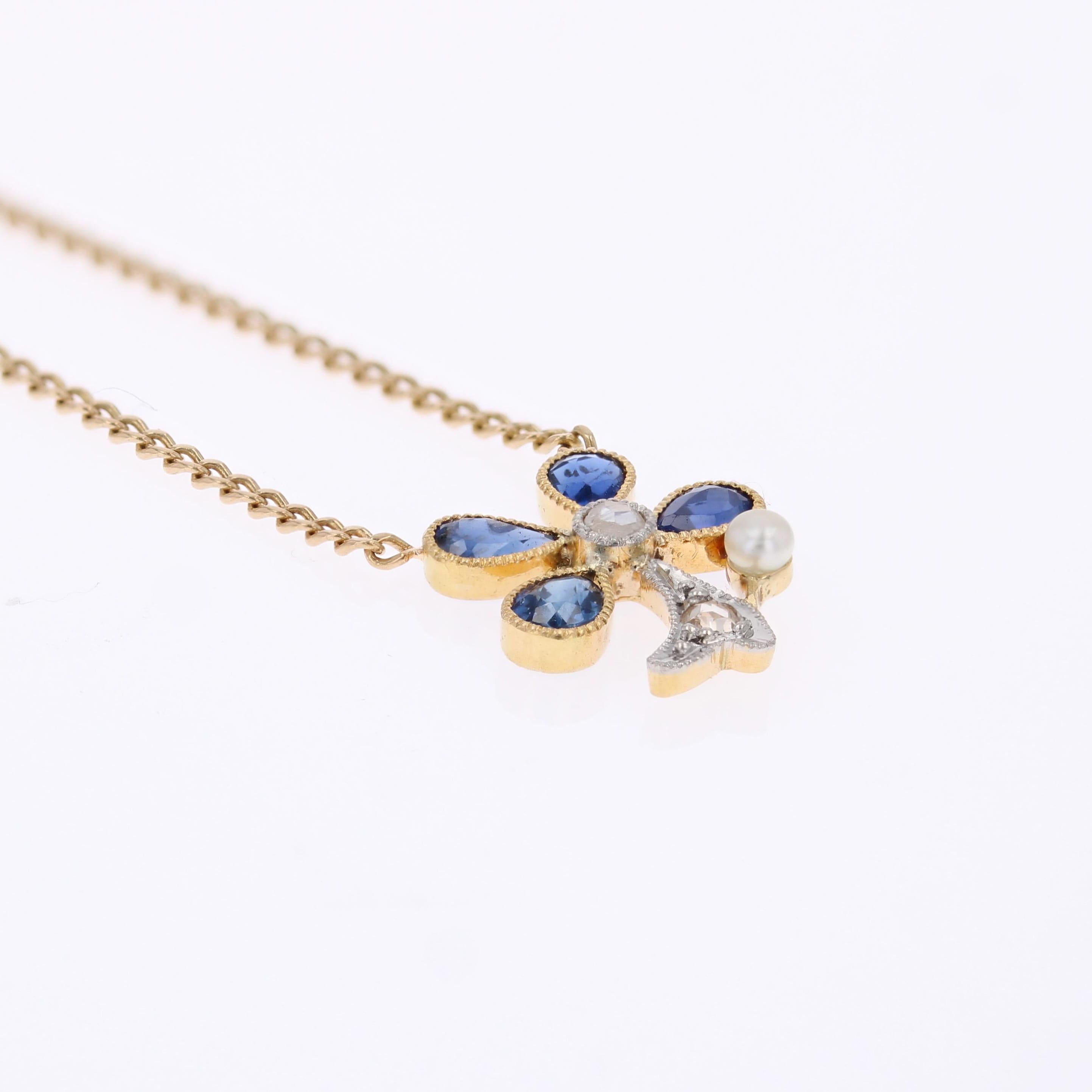 Collier trèfle français du 20ème siècle en or jaune 18 carats, perles, saphirs et diamants en vente 5