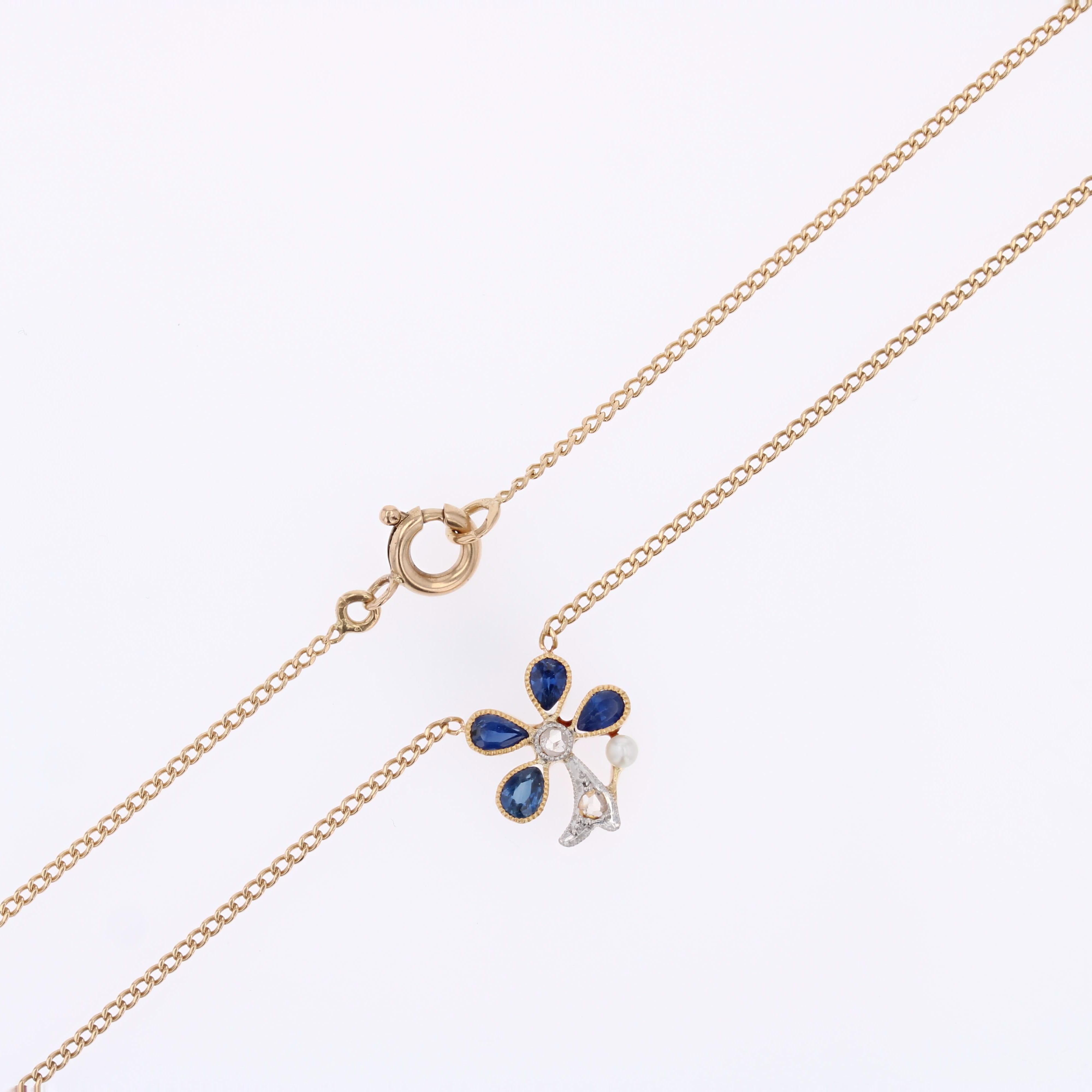 Collier trèfle français du 20ème siècle en or jaune 18 carats, perles, saphirs et diamants en vente 6