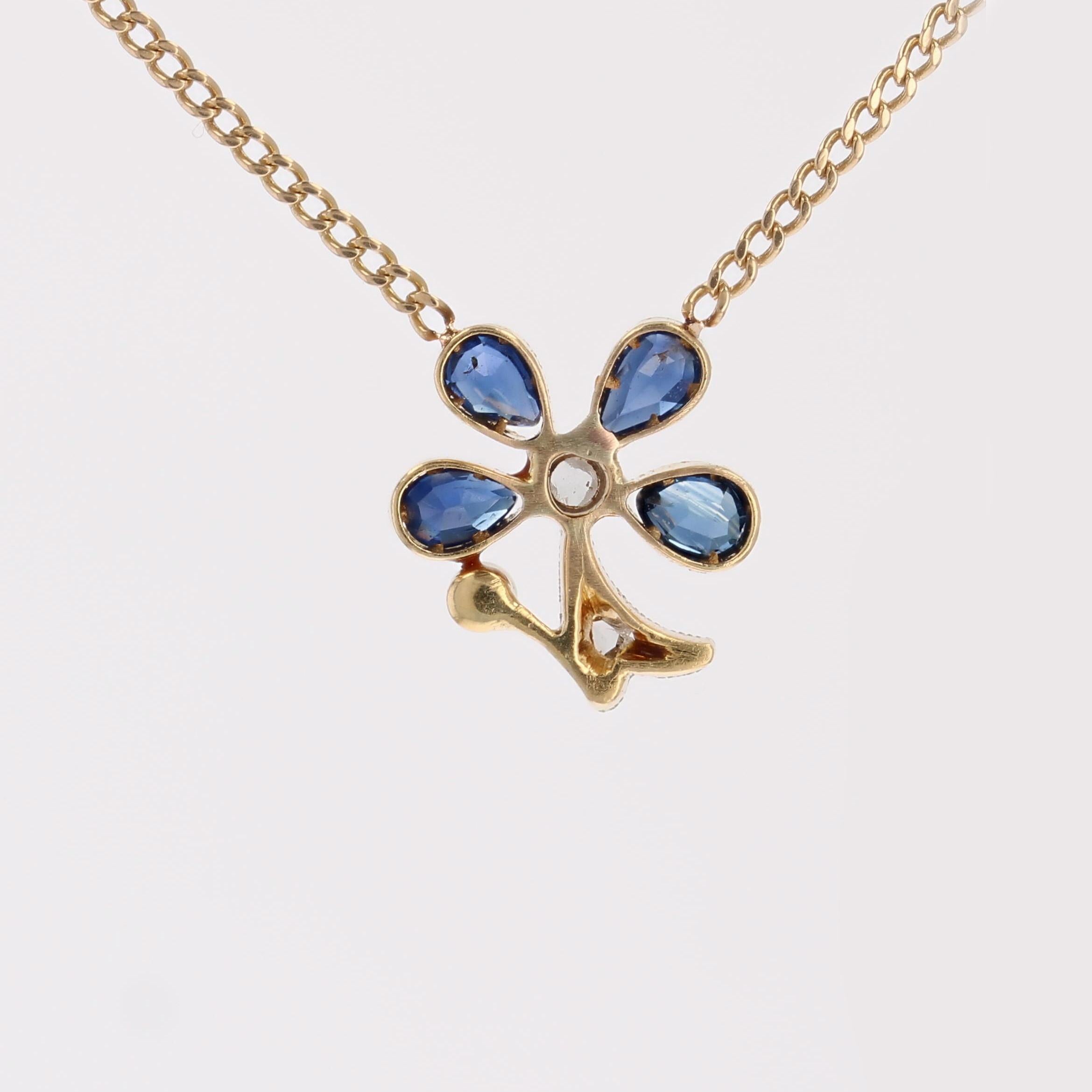 Collier trèfle français du 20ème siècle en or jaune 18 carats, perles, saphirs et diamants en vente 8