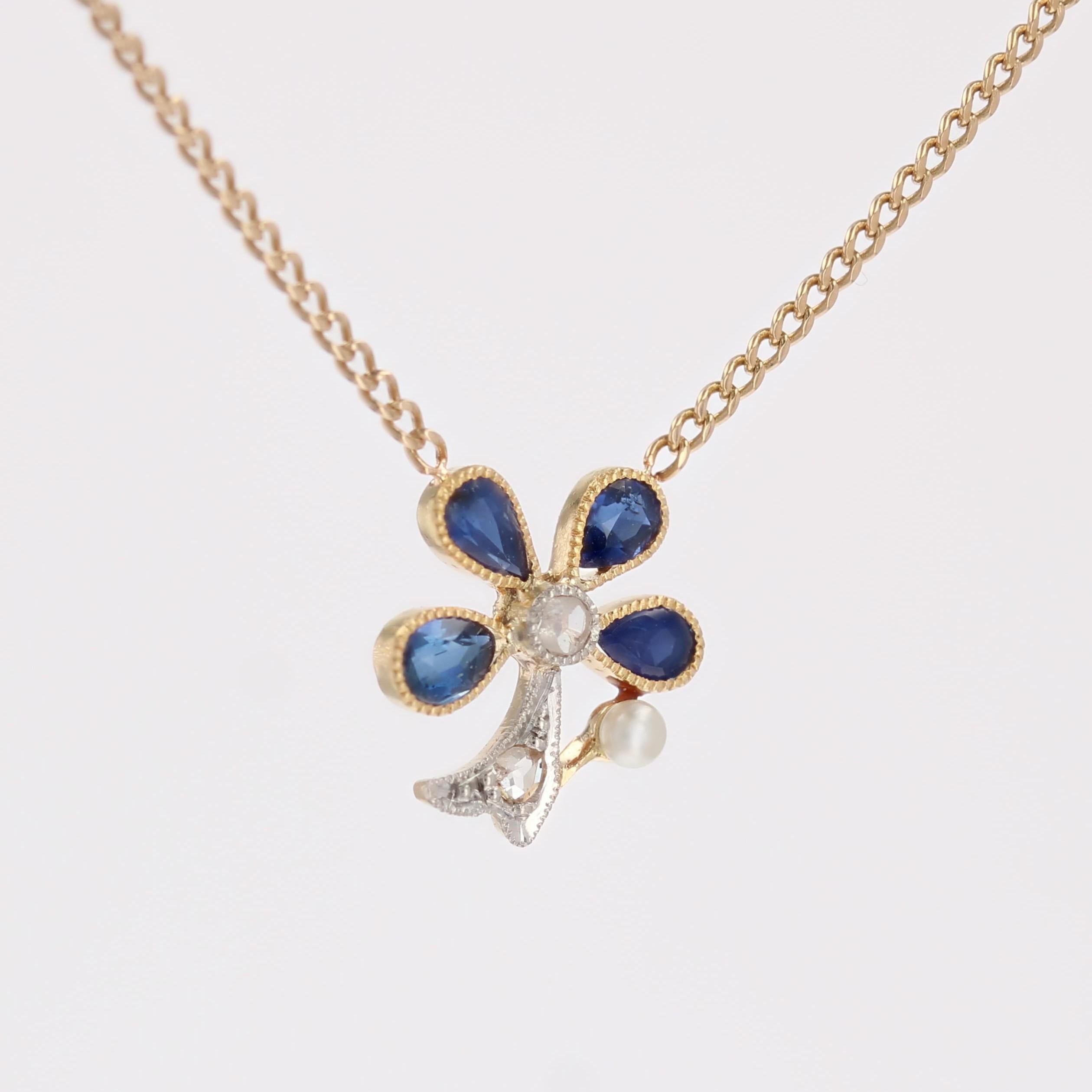 Collier trèfle français du 20ème siècle en or jaune 18 carats, perles, saphirs et diamants Bon état - En vente à Poitiers, FR