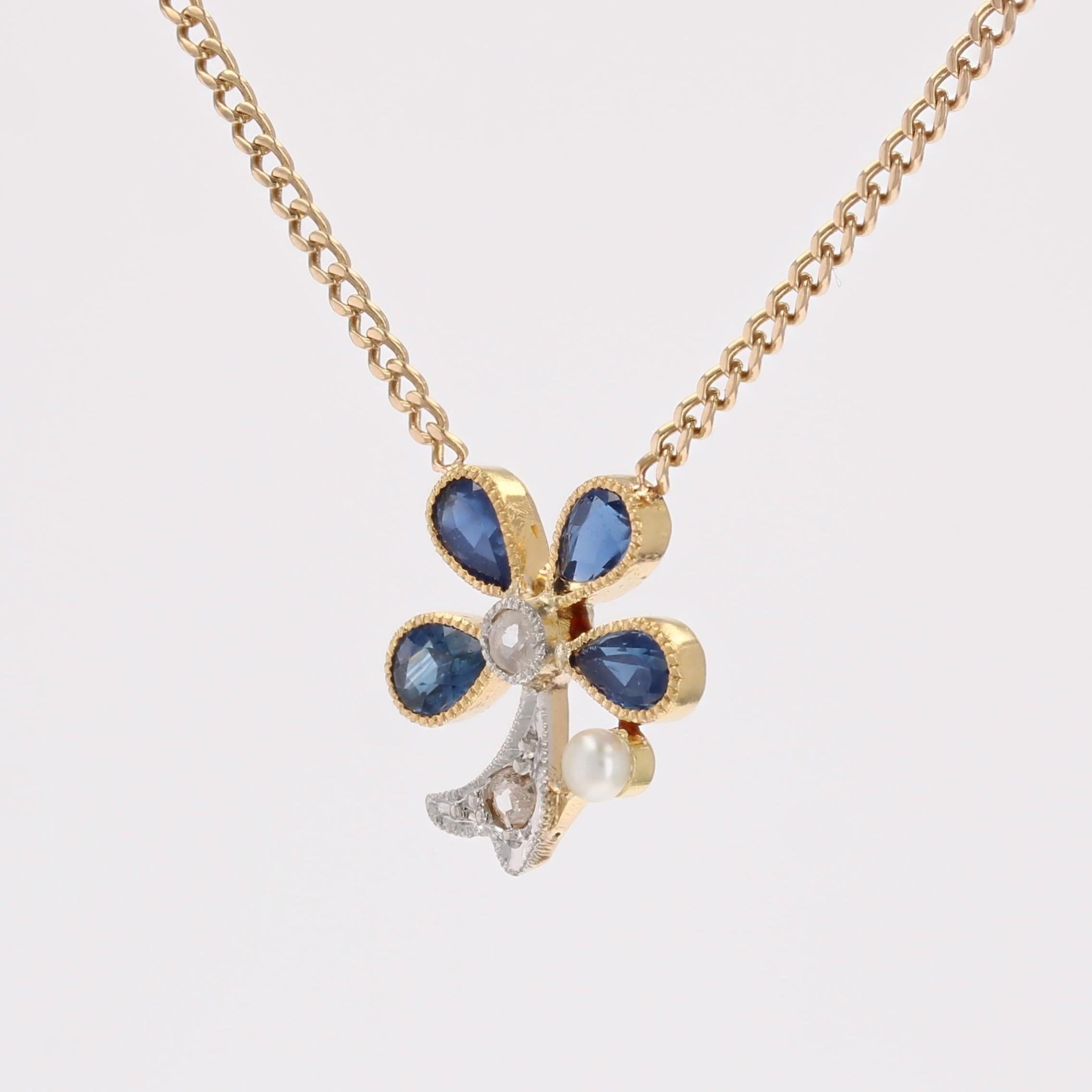 Collier trèfle français du 20ème siècle en or jaune 18 carats, perles, saphirs et diamants Pour femmes en vente